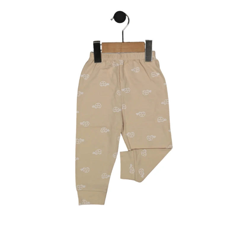 Kaplumbağa Figürlü Bej Desenli %100 Pamuk Manşetli Erkek Bebek Tek Alt