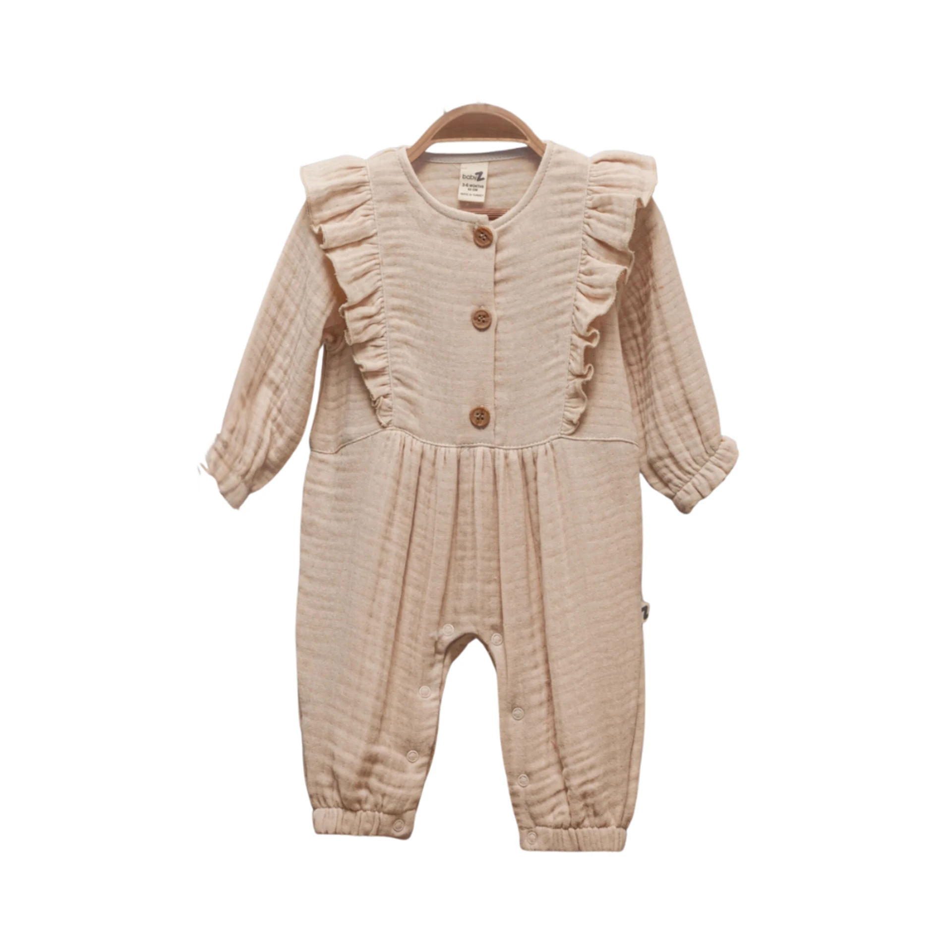 Fırfırlı Bej %100 Pamuk Müslin Kız Bebek Tulum (Yumuşak & Nefes Alan)