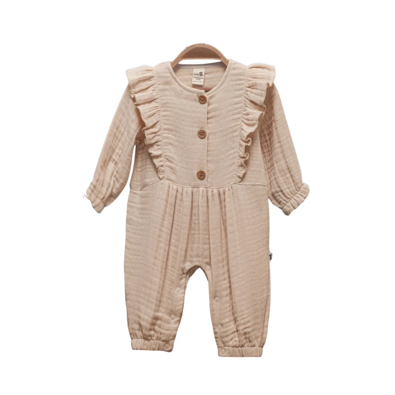 Fırfırlı Bej %100 Pamuk Müslin Kız Bebek Tulum (Yumuşak & Nefes Alan)