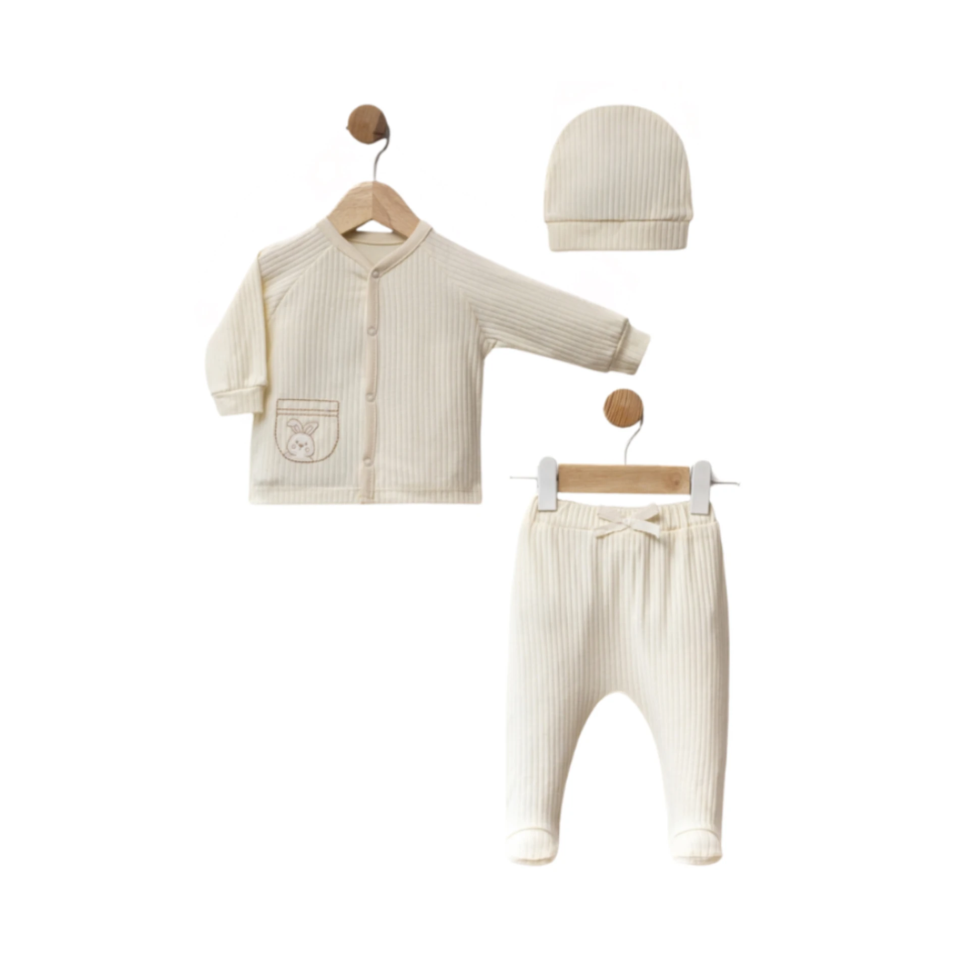 Fitilli Pamuk 3 Parça Bebek Takımı (Hırka + Alt + Bere) – Yumuşak & Rahat (EKRU)