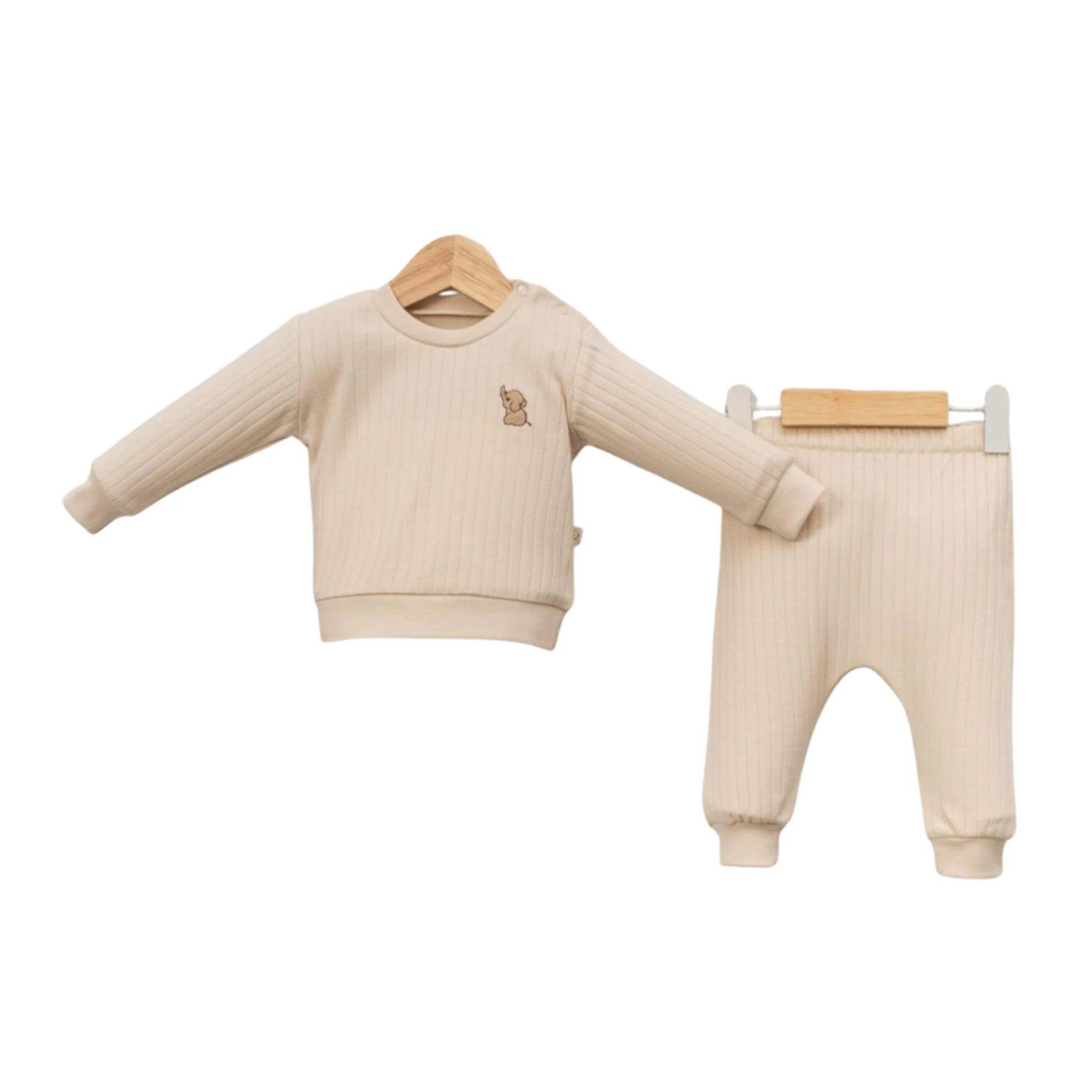 Fil Nakışlı Geniş Fit %100 Pamuk 2’li Unisex Bebek Takım BEJ