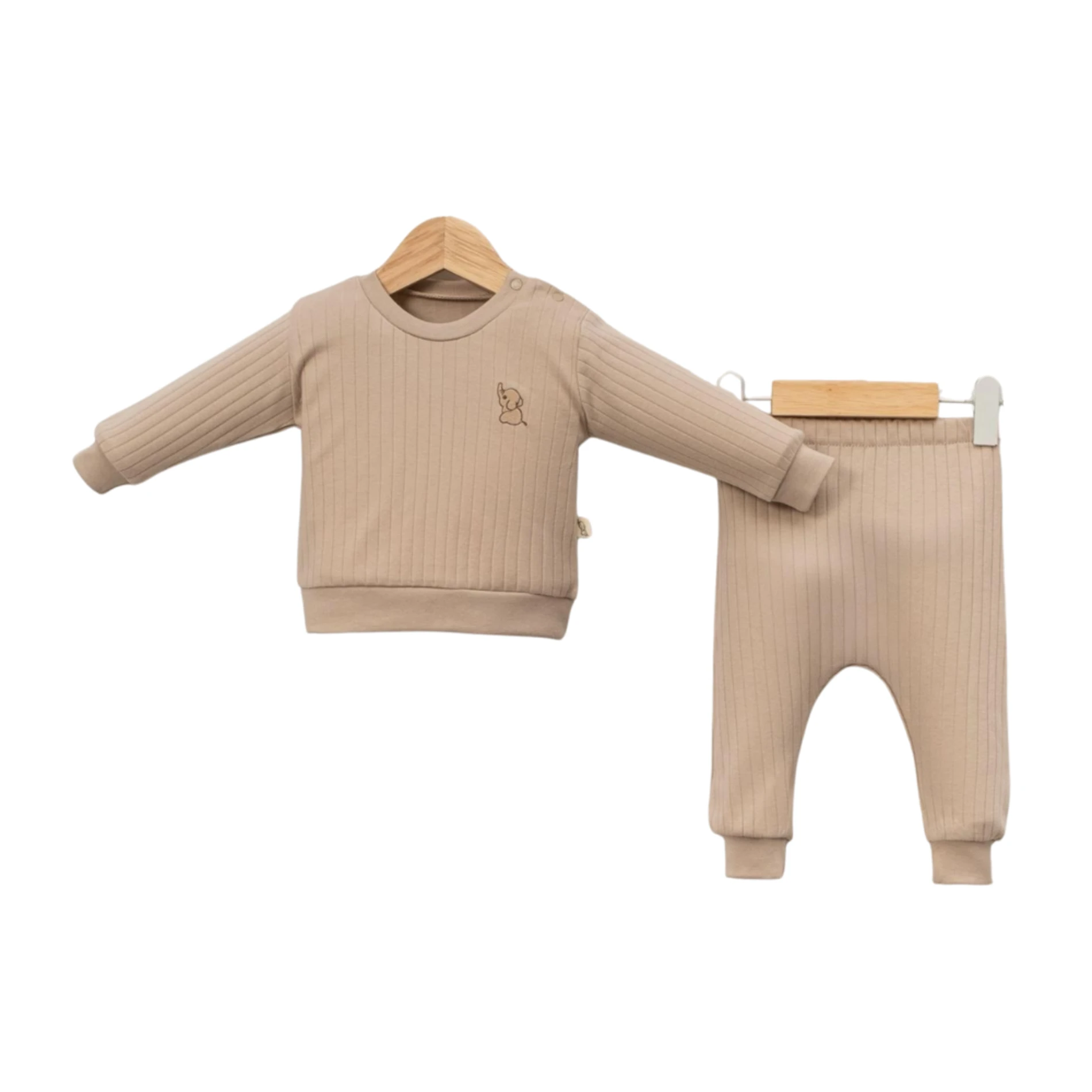 Fil Nakışlı Geniş Fit %100 Pamuk 2’li Unisex Bebek Takım A.Kahve