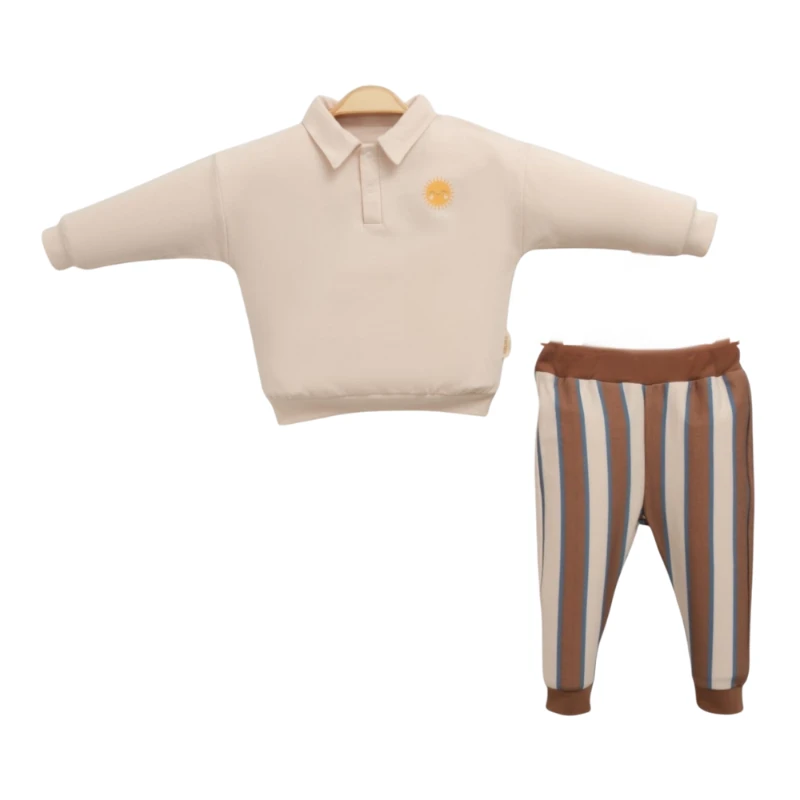 Bej Polo Yaka Üst & Çizgili Alt Erkek Bebek 2’li Takım
