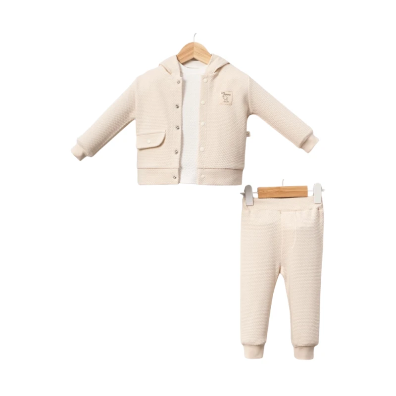 Kapüşonlu %100 Pamuk Organik 3’lü Erkek Bebek Takım (Cute Explorer)