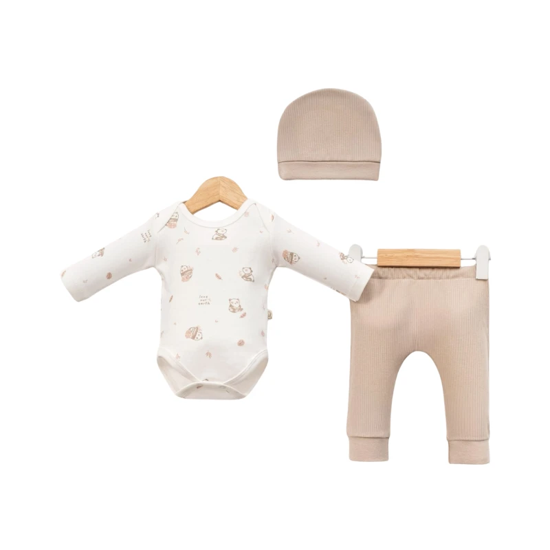 Panda Baskılı %100 Pamuk İnterlok Unisex Yenidoğan 3’lü Bebek Takım
