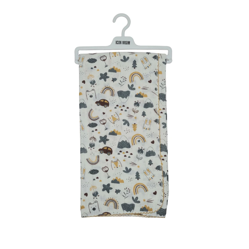 Karma Desenli Bej Tonlu %100 Pamuk Müslin Bebek Battaniyesi 80x90