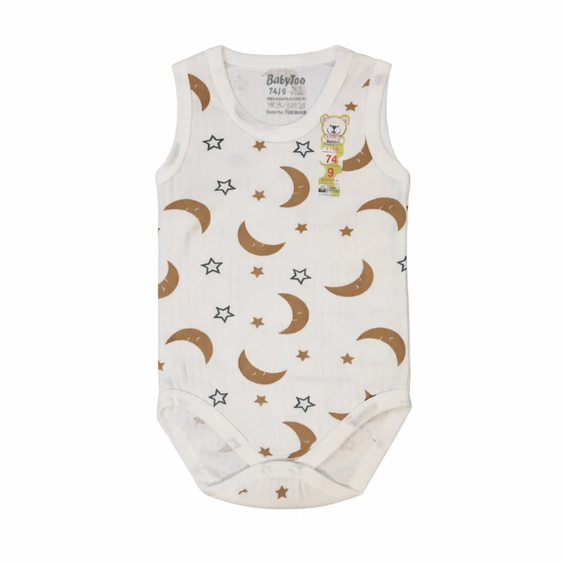 Ay & Yıldız Figürlü Beyaz Desenli %100 Pamuk Kolsuz Unisex Bebek Body