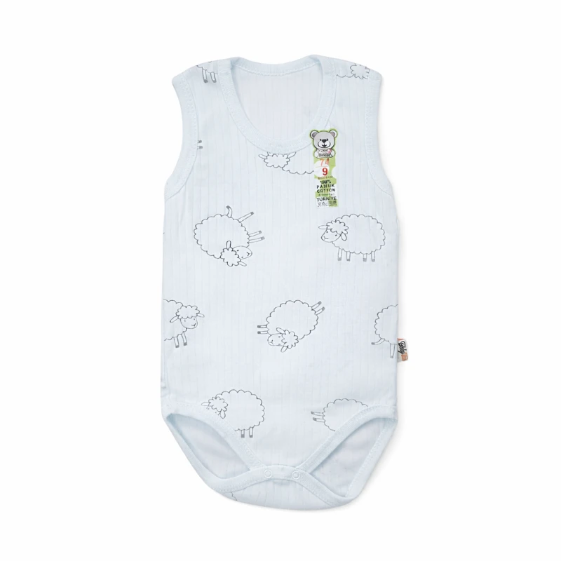 Koyun Baskılı %100 Pamuk İnterlok Kız Bebek Kolsuz Badi (1–9 Ay)