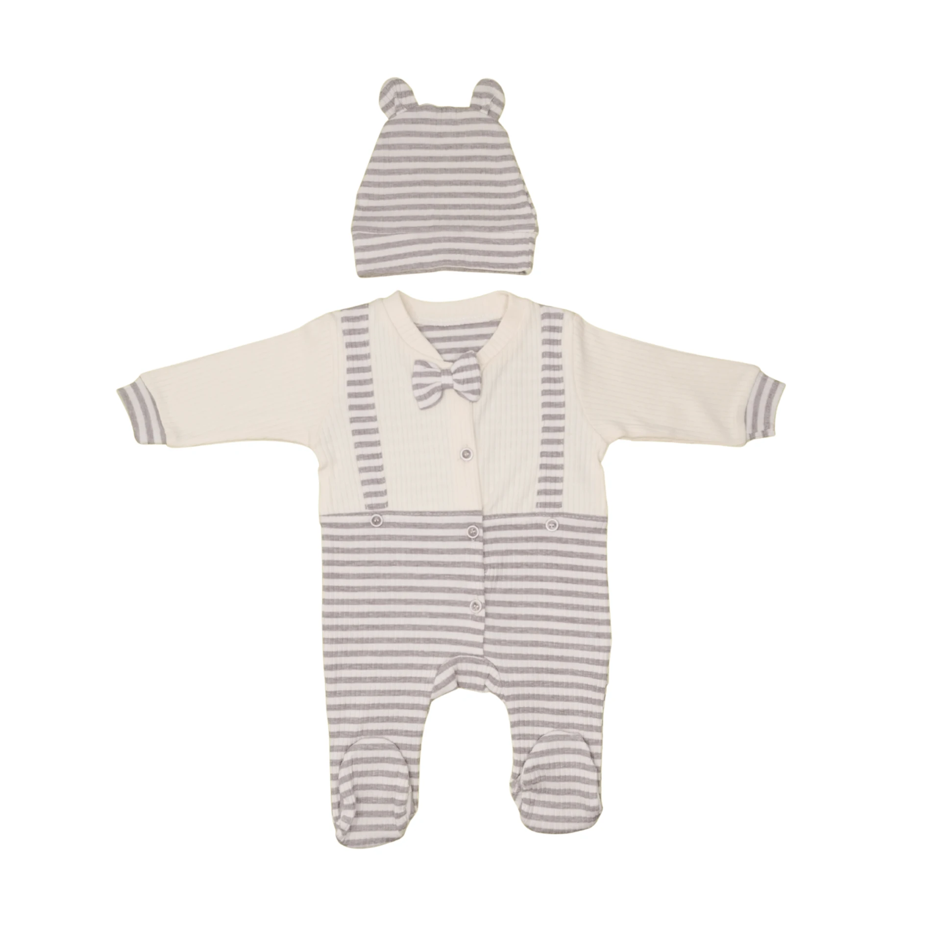 Slopet Görünümlü Papyonlu Çizgili Erkek Bebek Tulum Takım