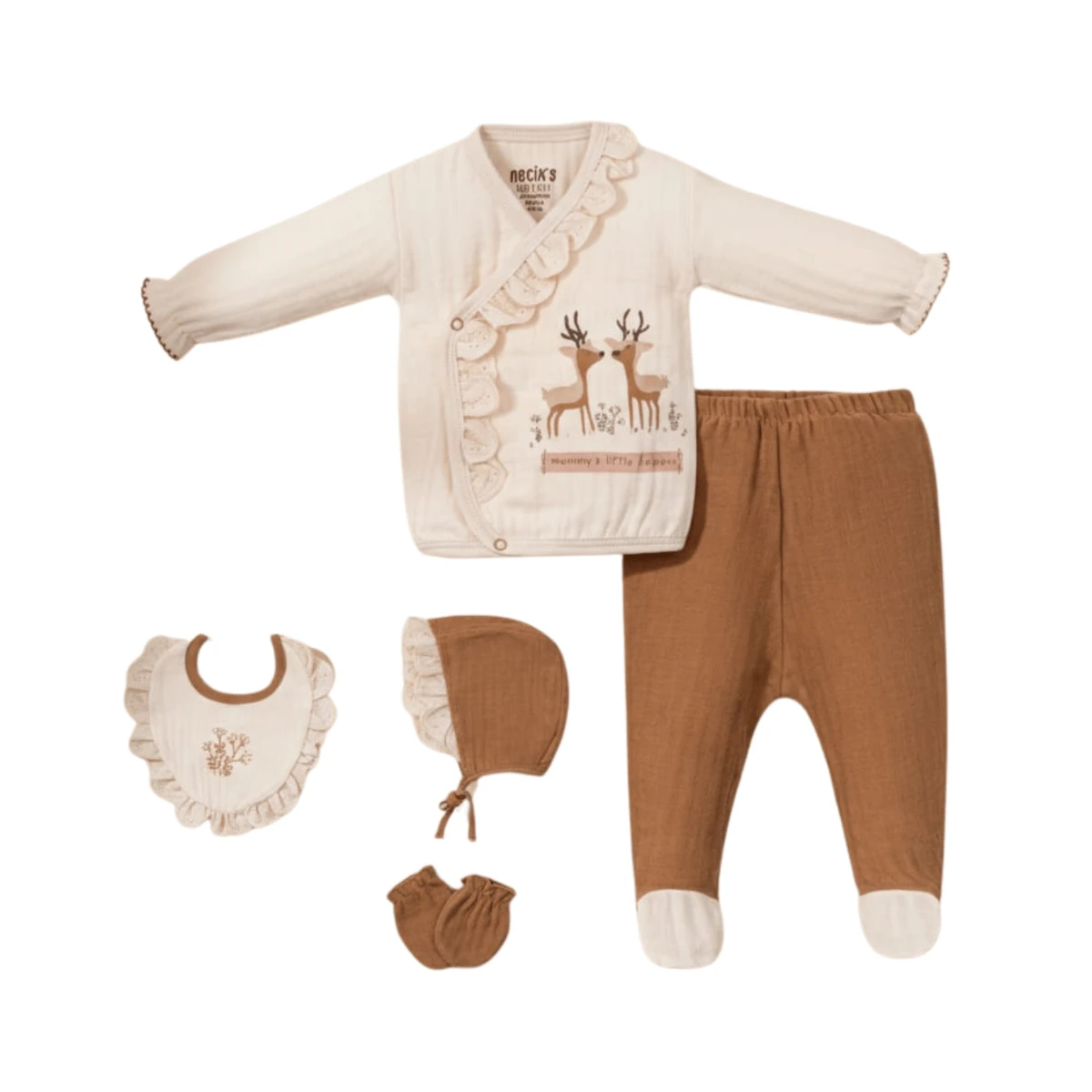 Geyik Desenli %100 Pamuk Kız Bebek Hastane Çıkışı 5’li Set