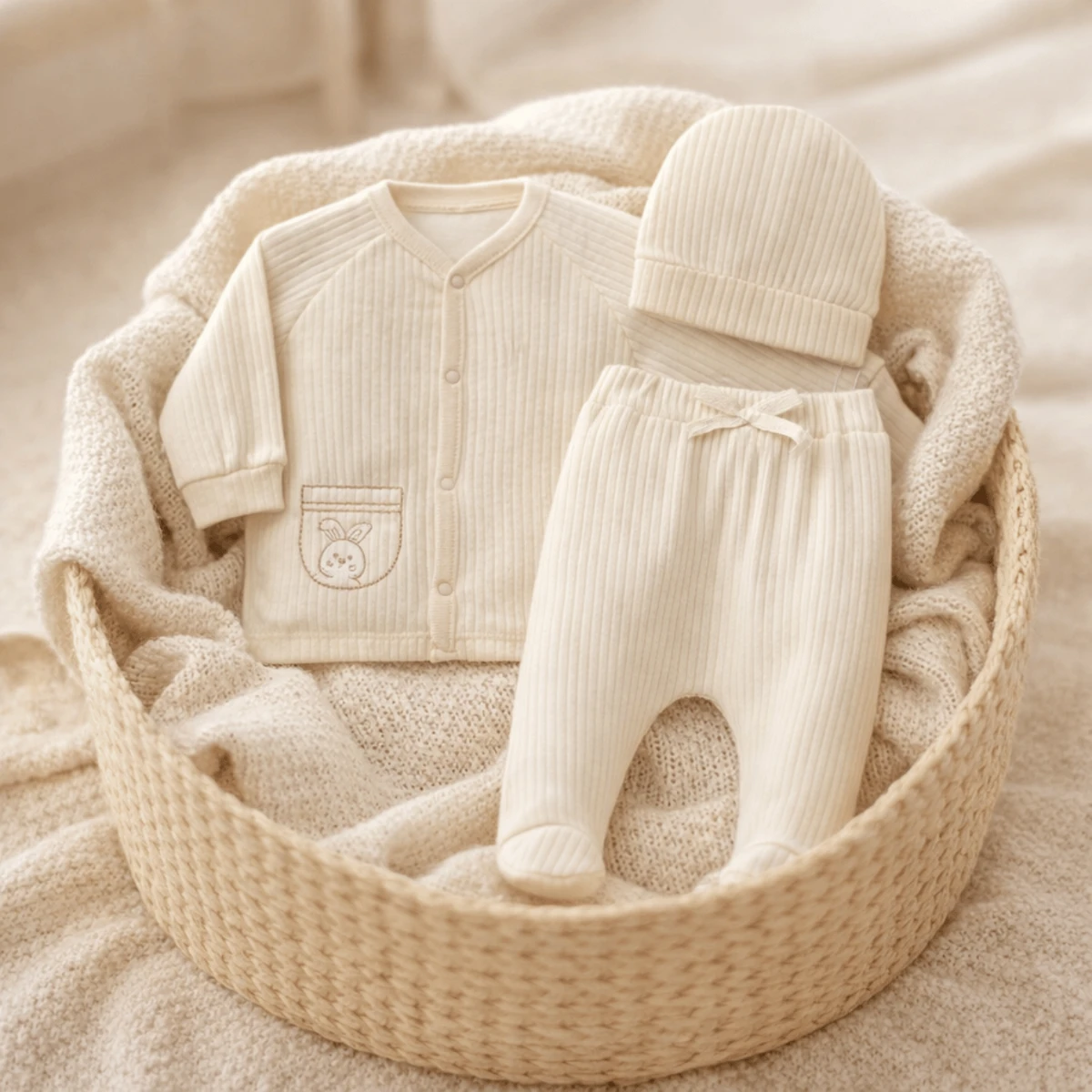 Fitilli Pamuk 3 Parça Bebek Takımı (Hırka + Alt + Bere) – Yumuşak & Rahat (EKRU)