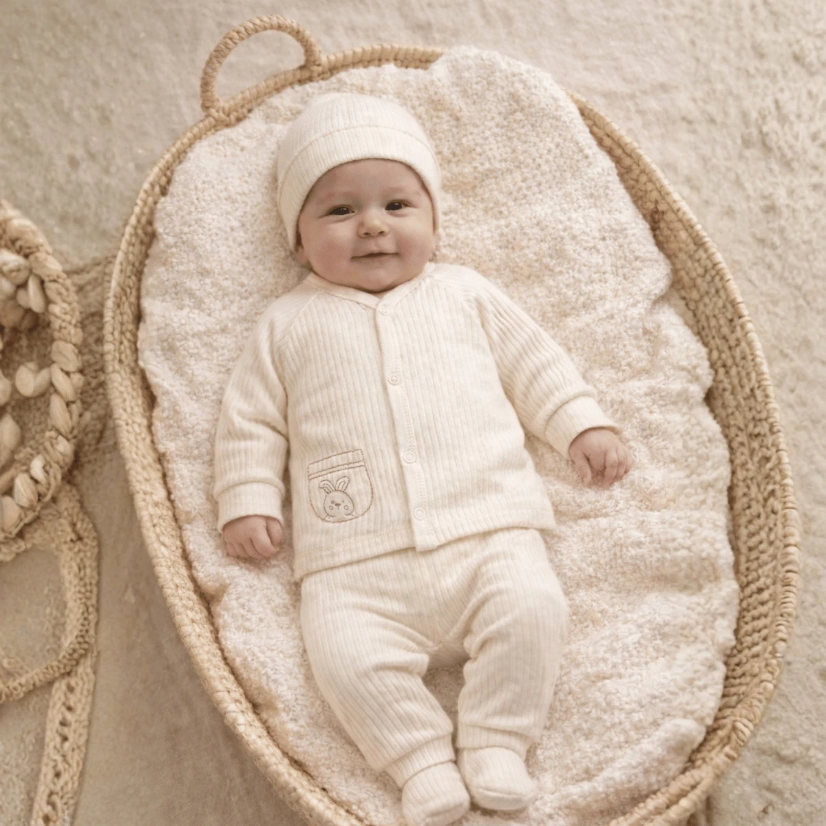 Fitilli Pamuk 3 Parça Bebek Takımı (Hırka + Alt + Bere) – Yumuşak & Rahat (EKRU)