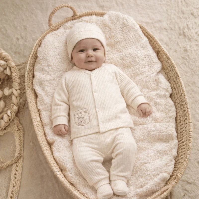 Fitilli Pamuk 3 Parça Bebek Takımı (Hırka + Alt + Bere) – Yumuşak & Rahat (EKRU)