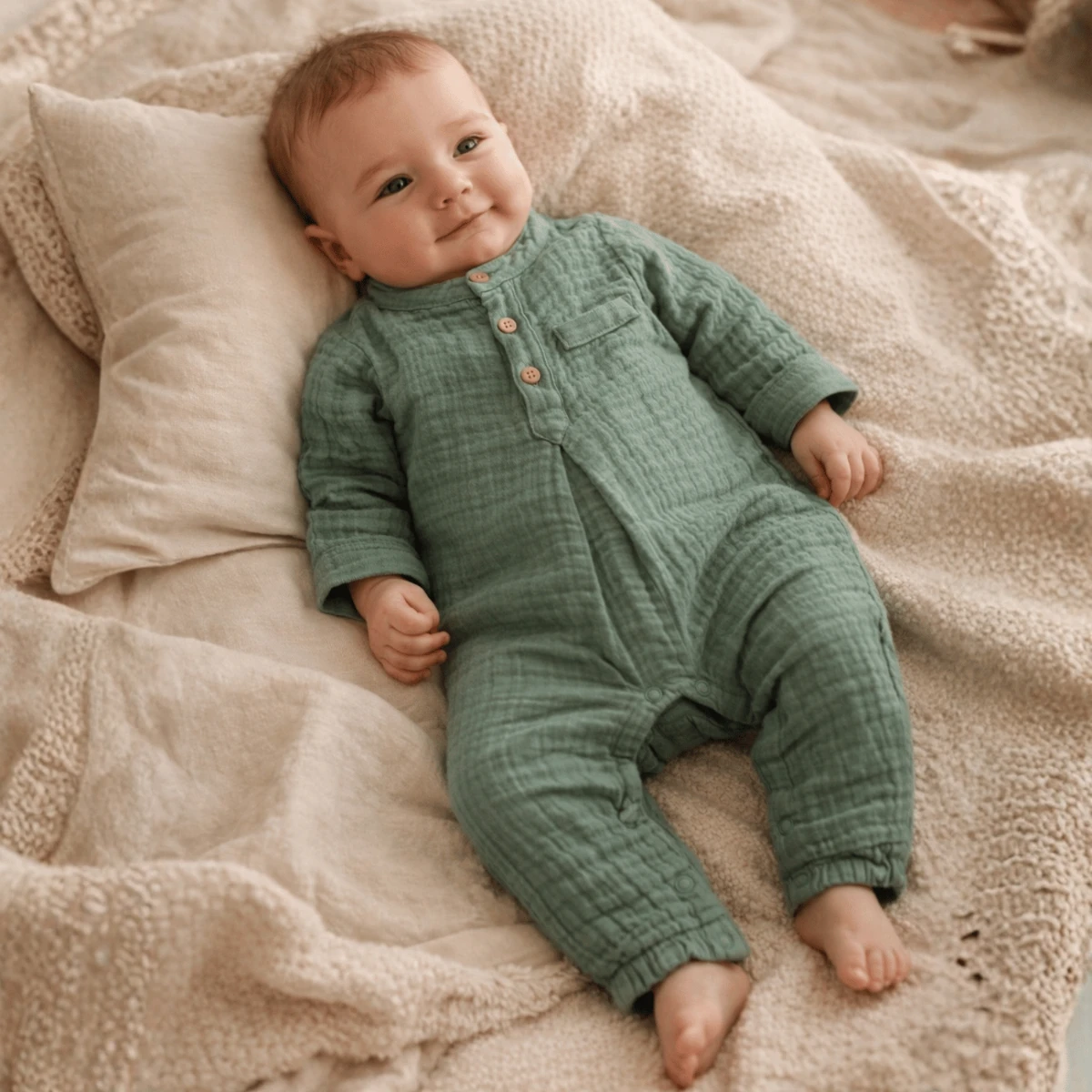 Yumuşacık Müslin Haki Bebek Tulum – Nefes Alan %100 Pamuk Unisex