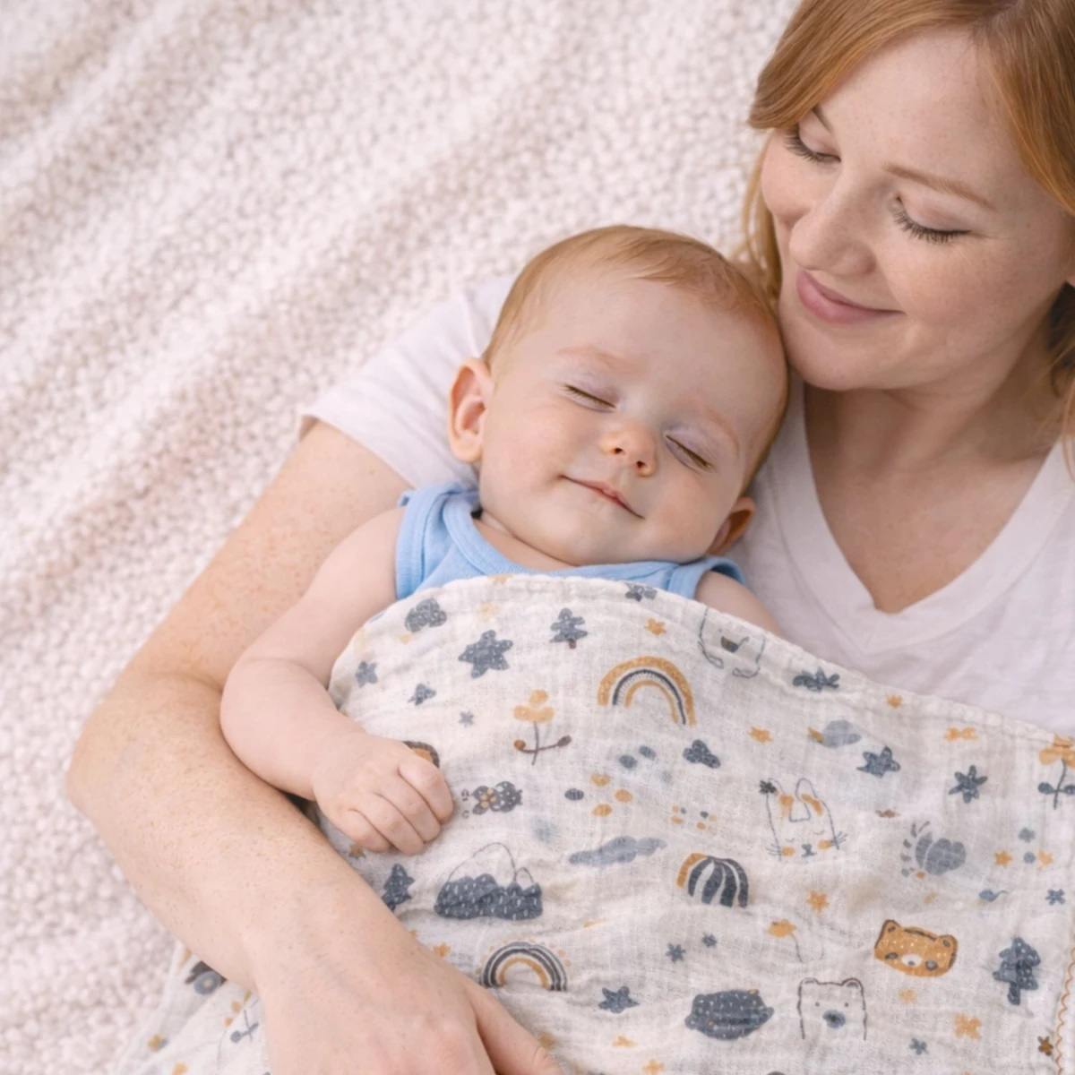 Karma Desenli Bej Tonlu %100 Pamuk Müslin Bebek Battaniyesi 80x90