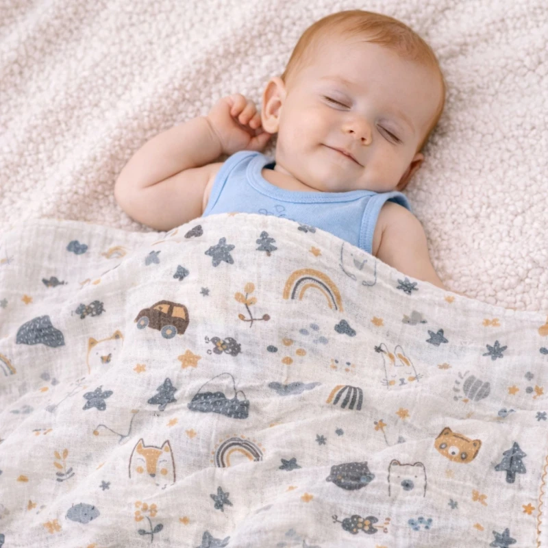 Karma Desenli Bej Tonlu %100 Pamuk Müslin Bebek Battaniyesi 80x90