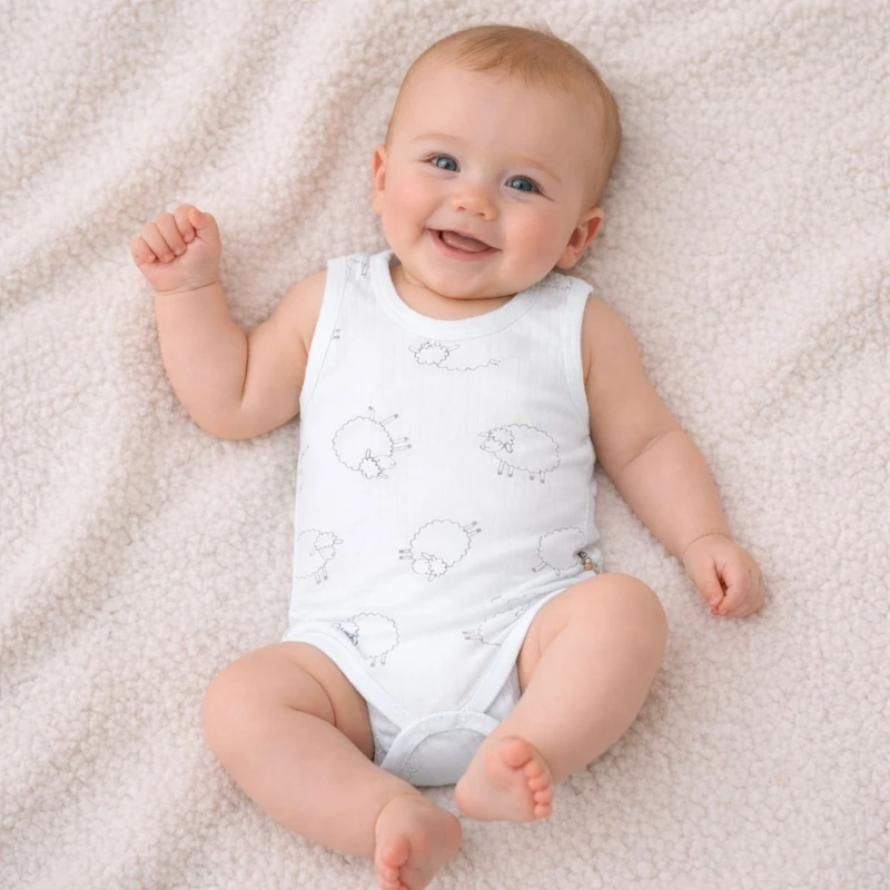 Koyun Baskılı %100 Pamuk İnterlok Kız Bebek Kolsuz Badi (1–9 Ay)