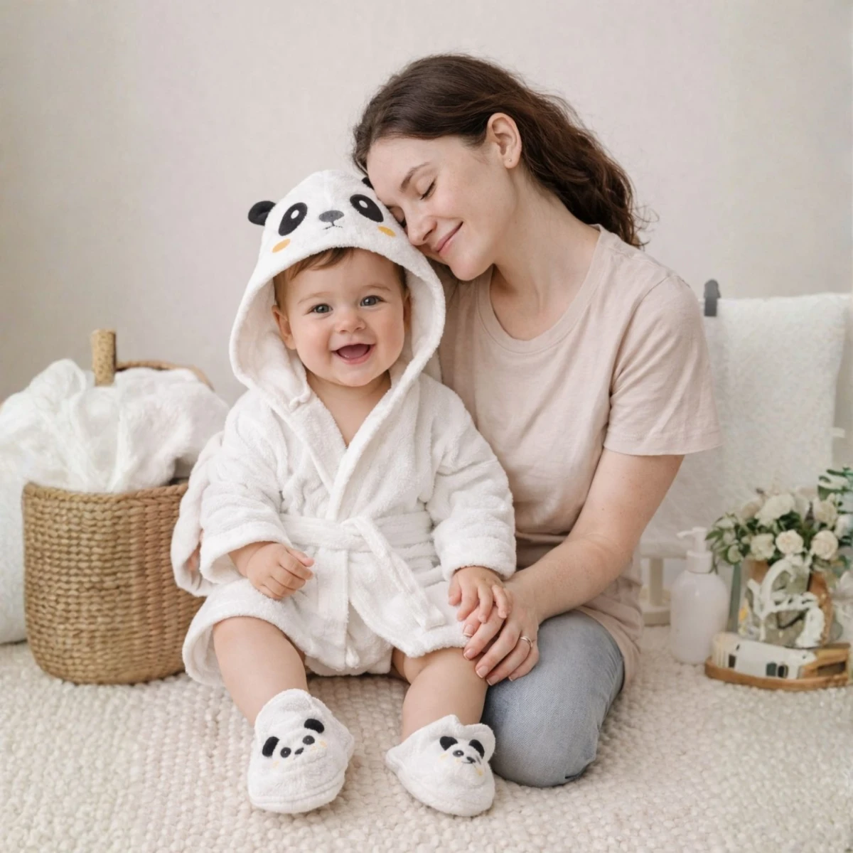 Panda Figürlü %100 Pamuk Unisex Bebek Bornoz Seti (0–24 Ay - Kutulu)