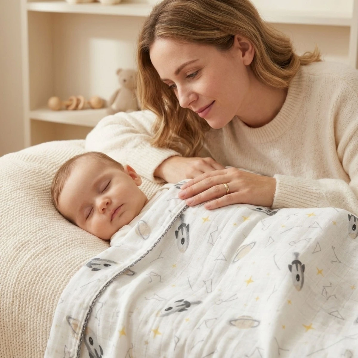 Uzay Figürlü Mavi Tonlu %100 Pamuk Müslin Bebek Battaniyesi