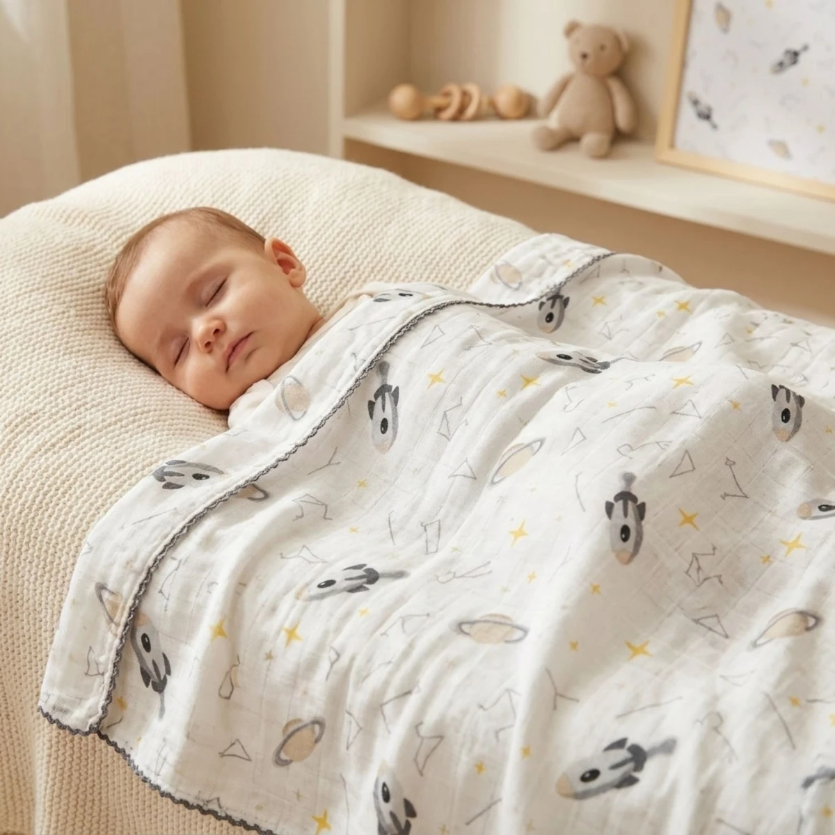 Uzay Figürlü Mavi Tonlu %100 Pamuk Müslin Bebek Battaniyesi