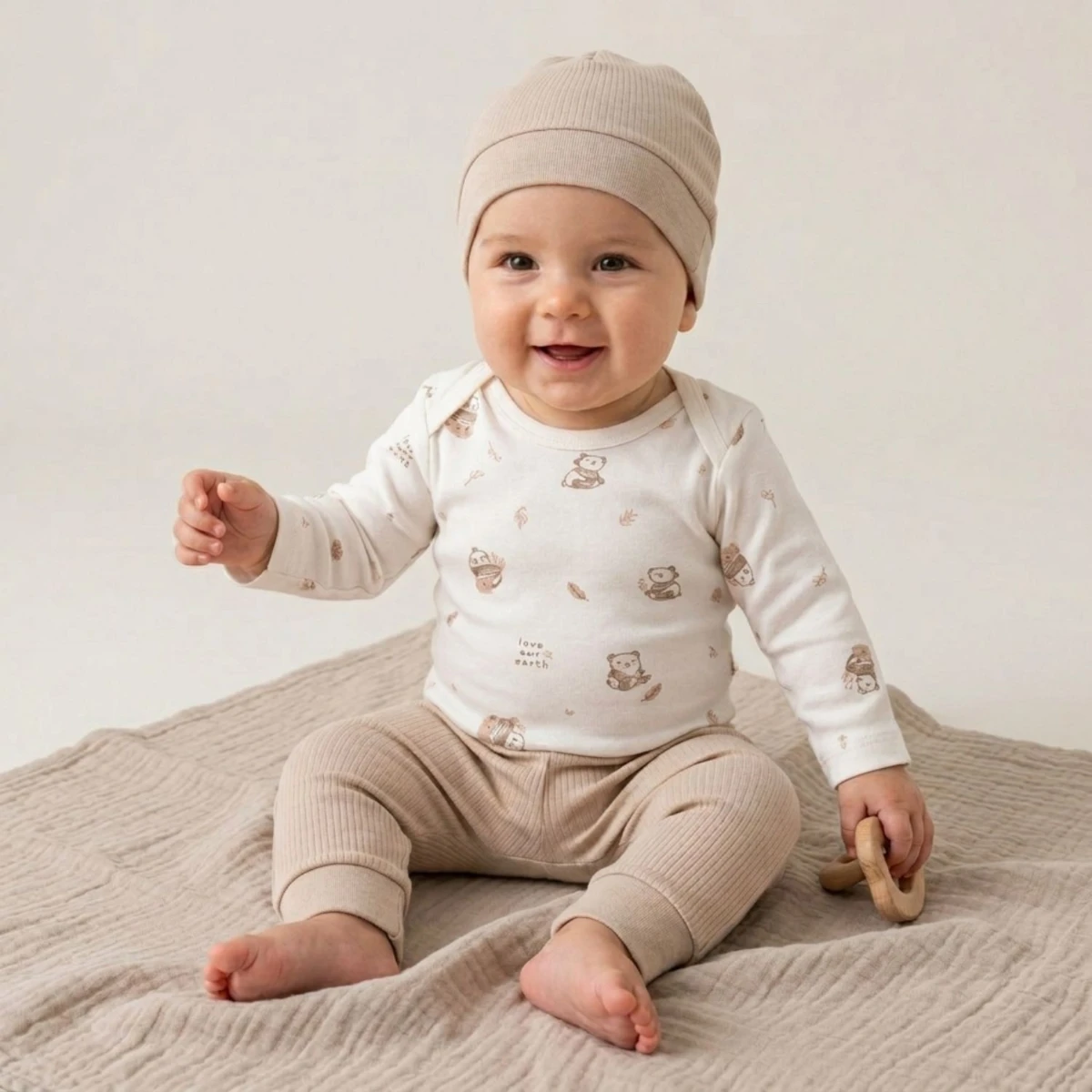 Panda Baskılı %100 Pamuk İnterlok Unisex Yenidoğan 3’lü Bebek Takım