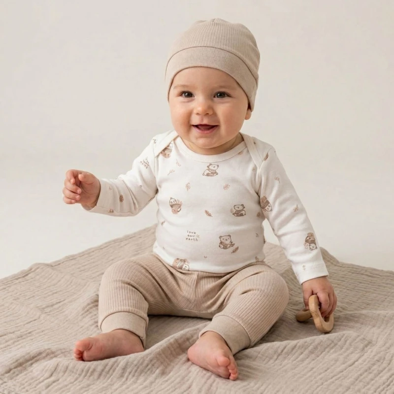 Panda Baskılı %100 Pamuk İnterlok Unisex Yenidoğan 3’lü Bebek Takım