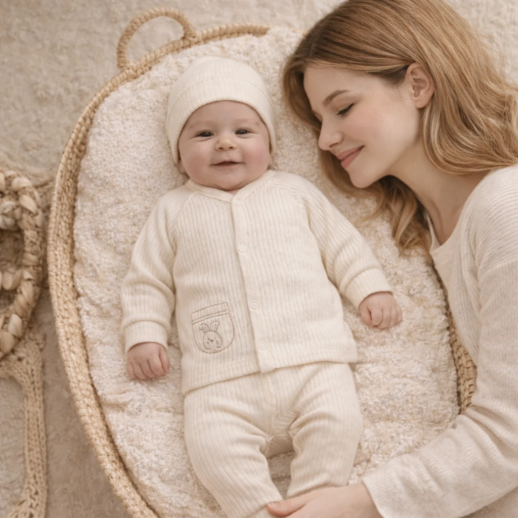 Fitilli Pamuk 3 Parça Bebek Takımı (Hırka + Alt + Bere) – Yumuşak & Rahat (EKRU)