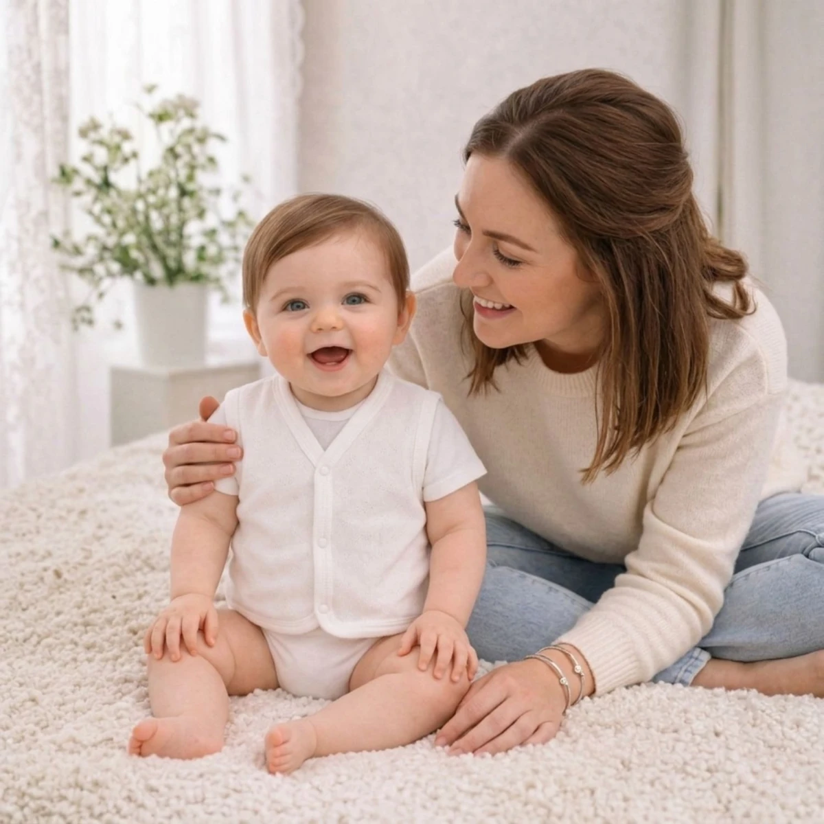 Jakarlı Çift Kat Bej (Ekru Ton) %100 Pamuk Unisex Bebek Yelek