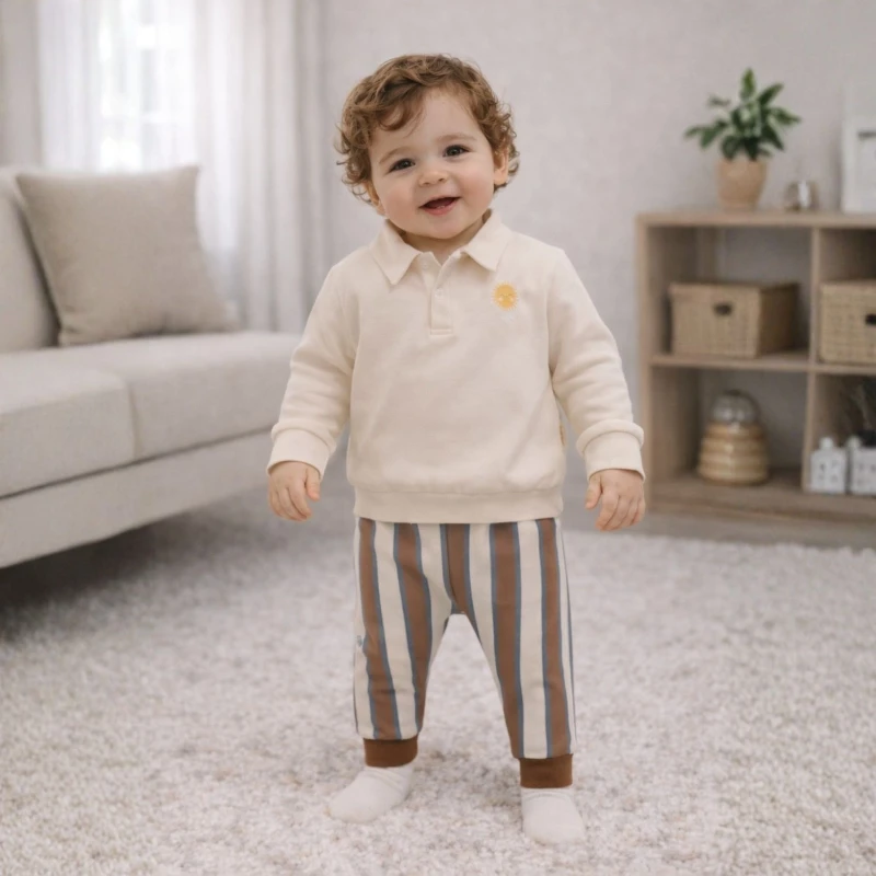 Bej Polo Yaka Üst & Çizgili Alt Erkek Bebek 2’li Takım