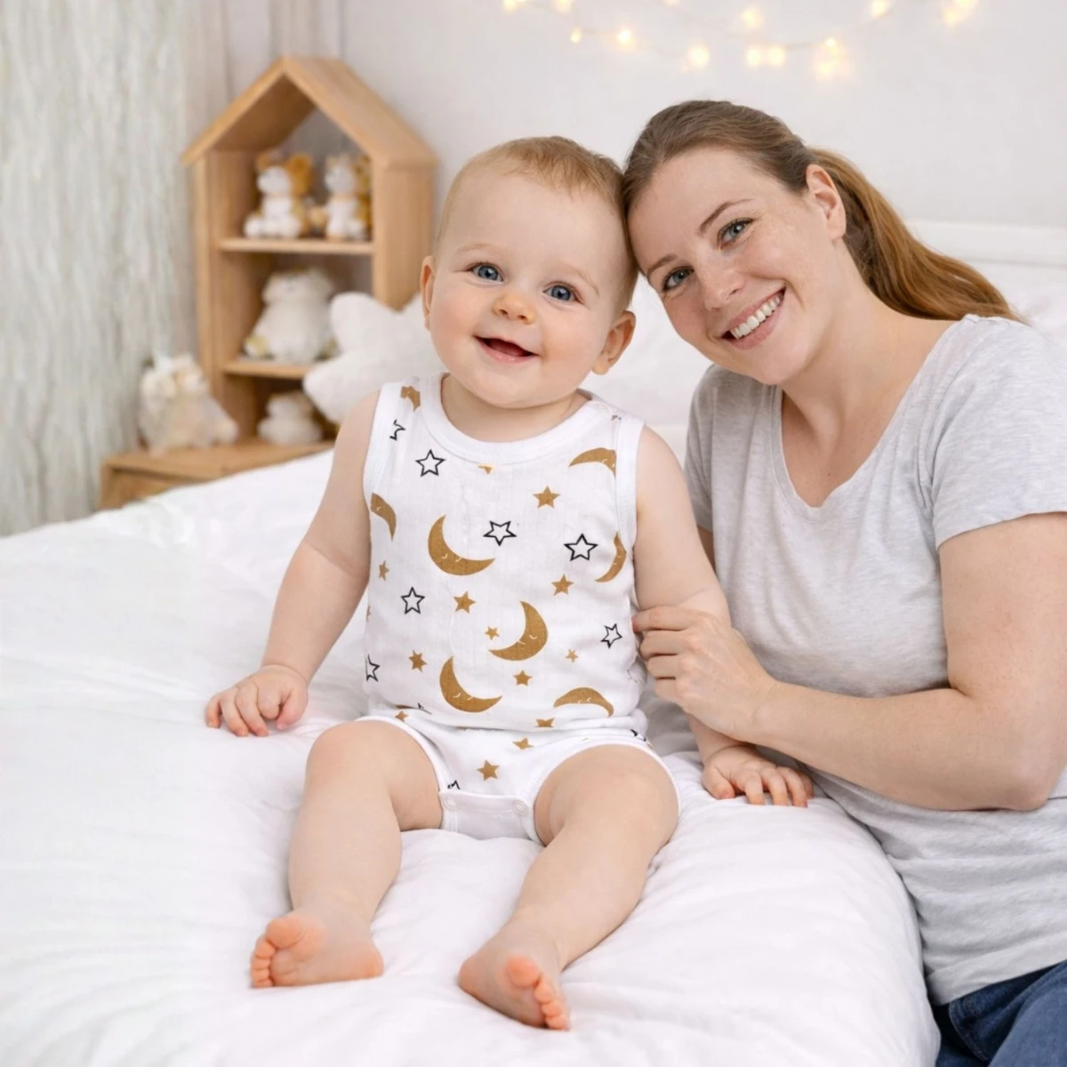 Ay & Yıldız Figürlü Beyaz Desenli %100 Pamuk Kolsuz Unisex Bebek Body