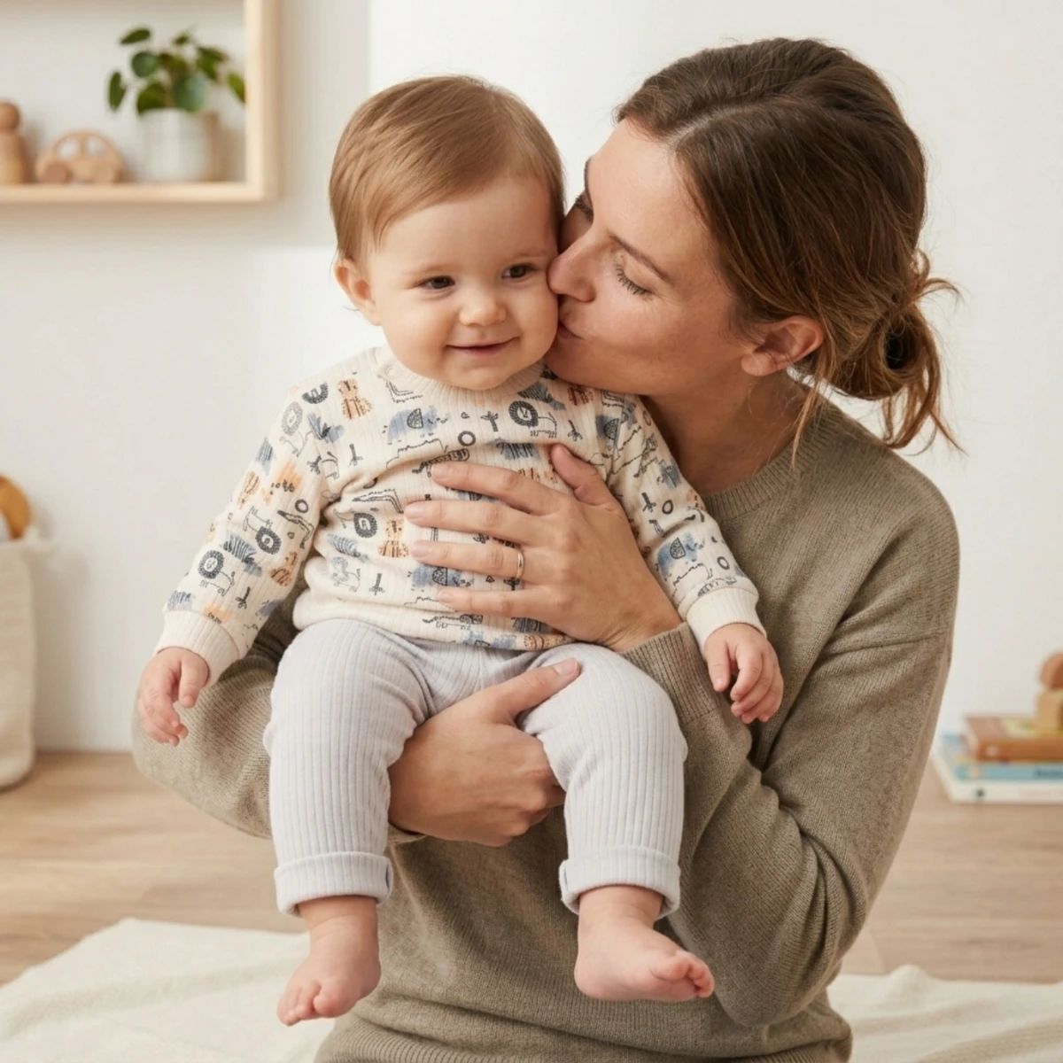 Hayvan Figürlü Bej Desenli %100 Pamuk Erkek Bebek 2'li Takım