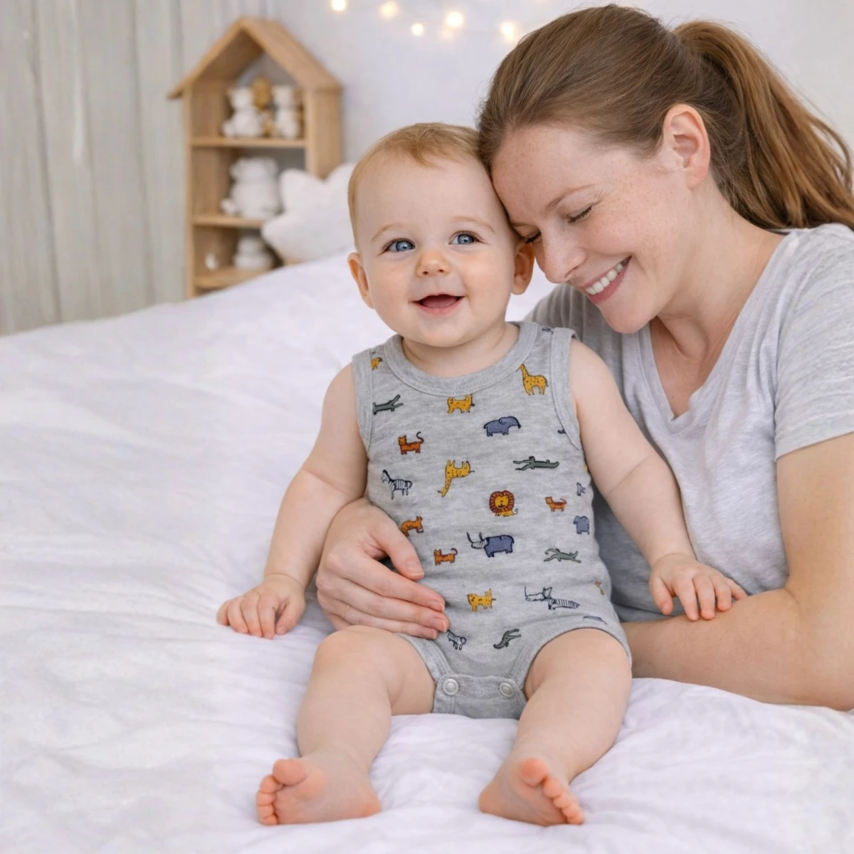 Hayvan Figürlü Gri Desenli %100 Pamuk Askılı Unisex Bebek Body