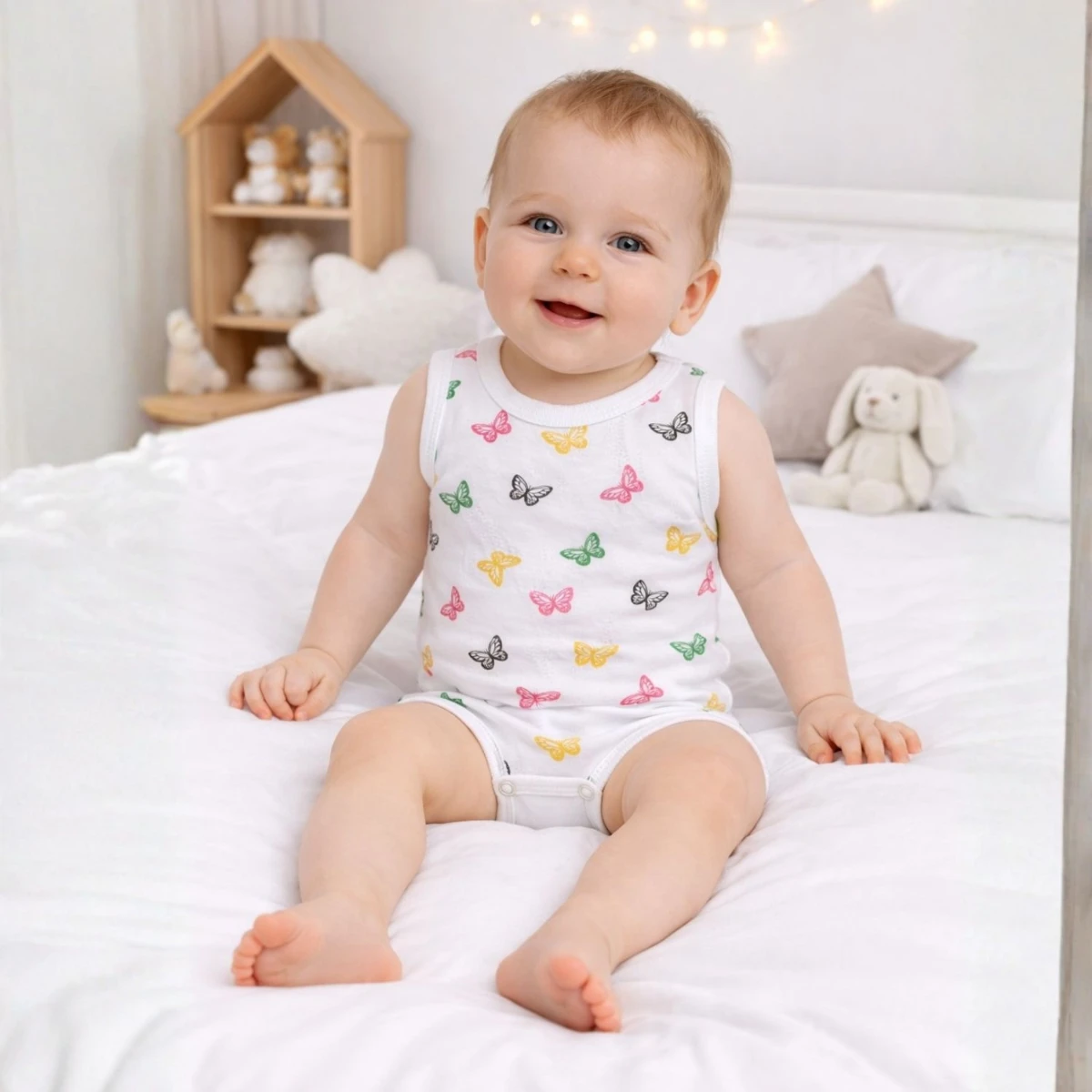 Kelebek Figürlü Beyaz Desenli %100 Pamuk Kolsuz Erkek Bebek Body
