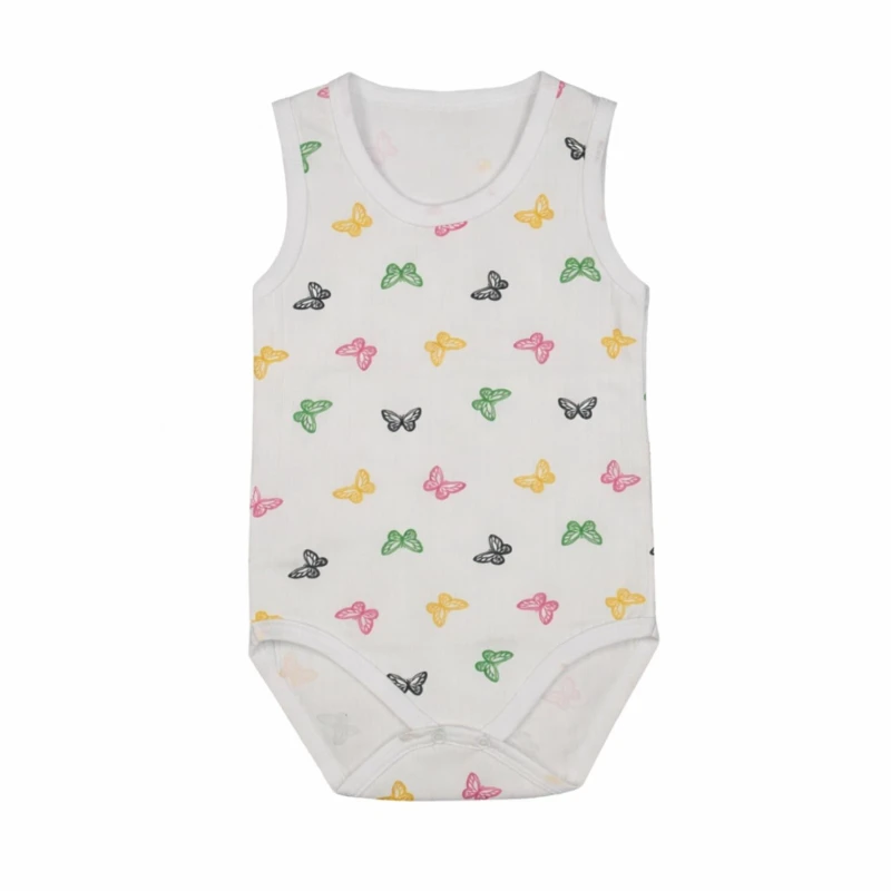 Kelebek Figürlü Beyaz Desenli %100 Pamuk Kolsuz Erkek Bebek Body