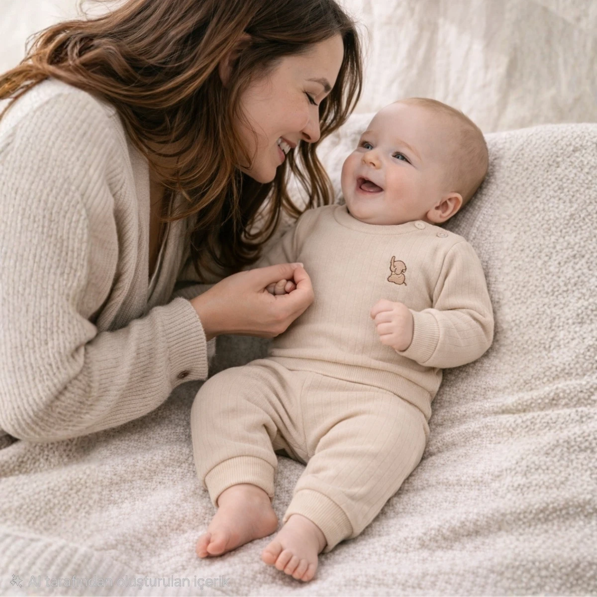 Fil Nakışlı Geniş Fit %100 Pamuk 2’li Unisex Bebek Takım BEJ