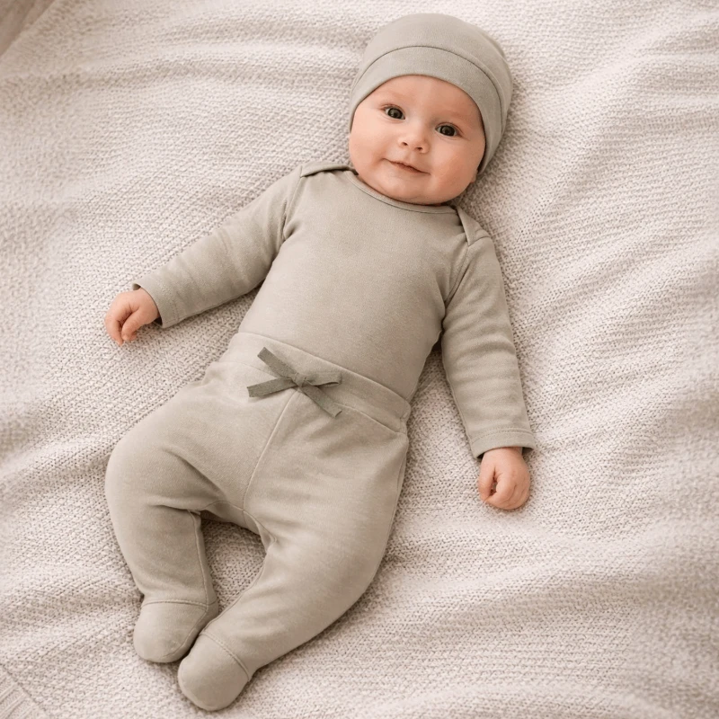 %100 Pamuk Penye Şapkalı Unisex Yenidoğan Bebek 3’lü Takım (Yeşil)