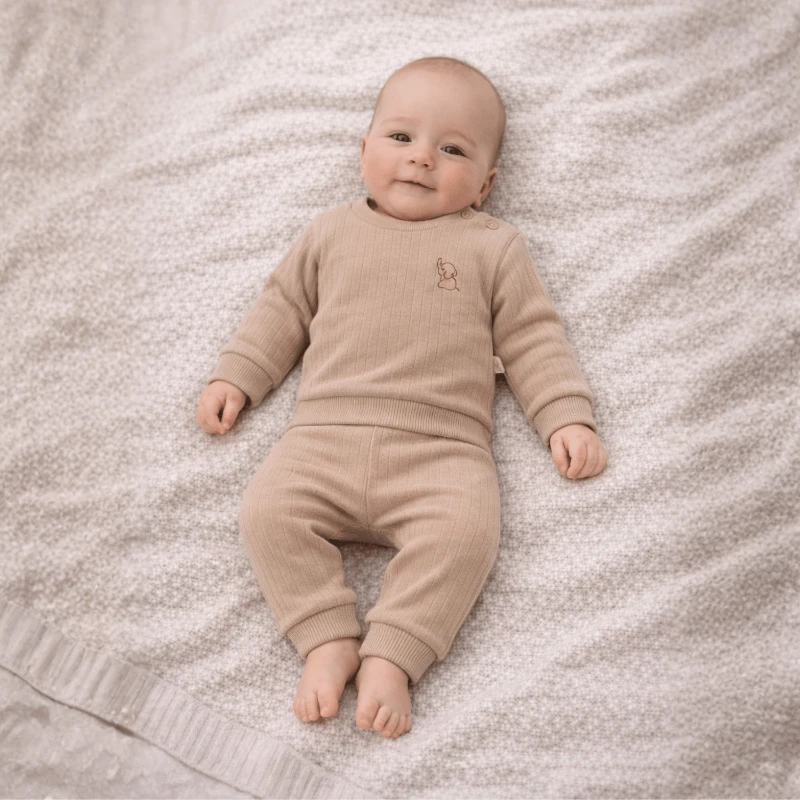 Fil Nakışlı Geniş Fit %100 Pamuk 2’li Unisex Bebek Takım A.Kahve