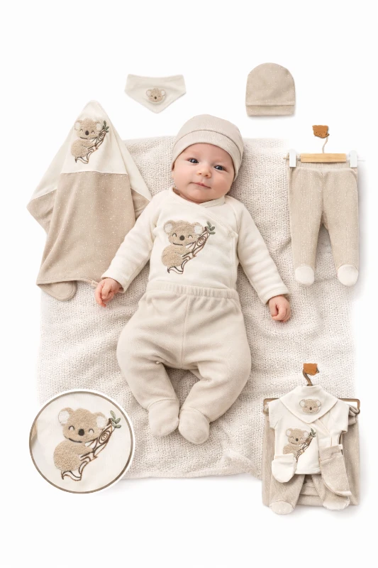 Koala Nakışlı %100 Pamuk Organik Unisex Bebek 7’li Hastane Çıkışı