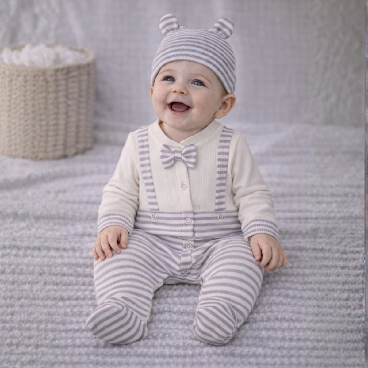 Slopet Görünümlü Papyonlu Çizgili Erkek Bebek Tulum Takım