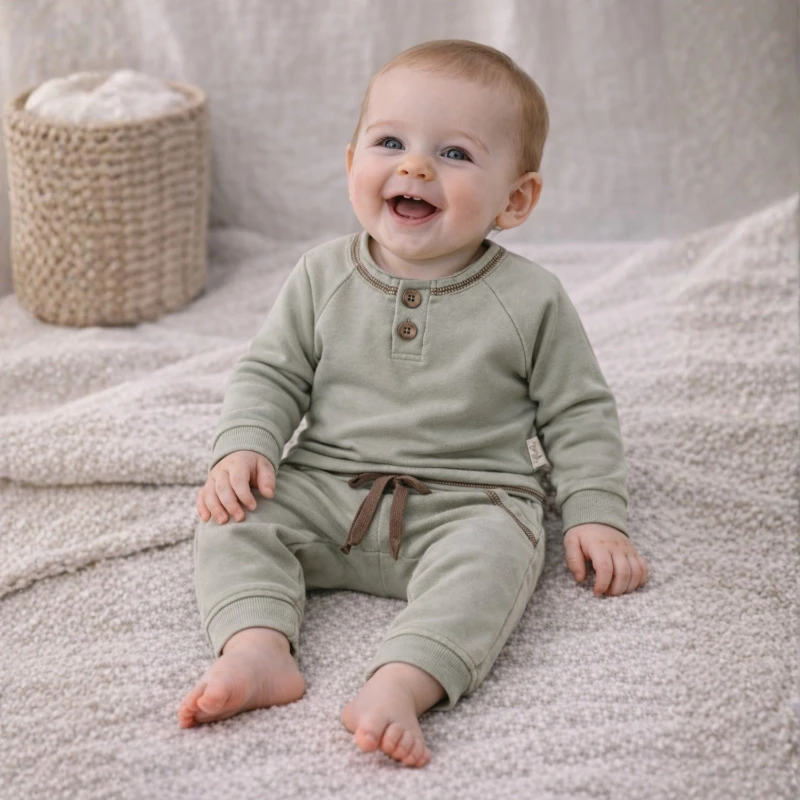 Düğme Detaylı %100 Pamuk İnterlok Unisex Bebek 2’li Takım