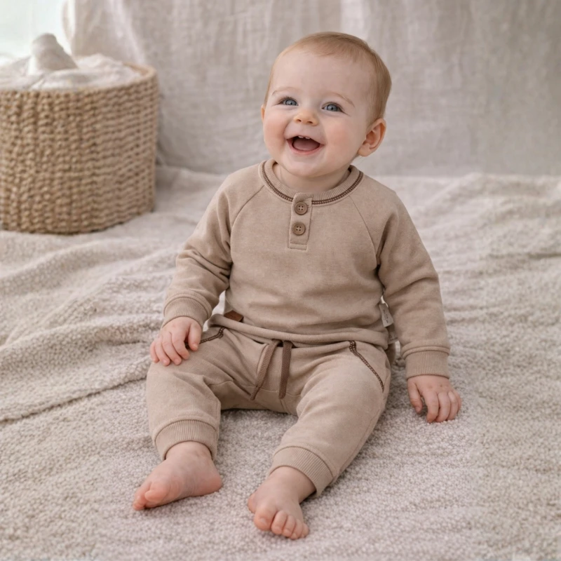 Düğme Detaylı %100 Pamuk İnterlok Unisex Bebek 2’li Takım