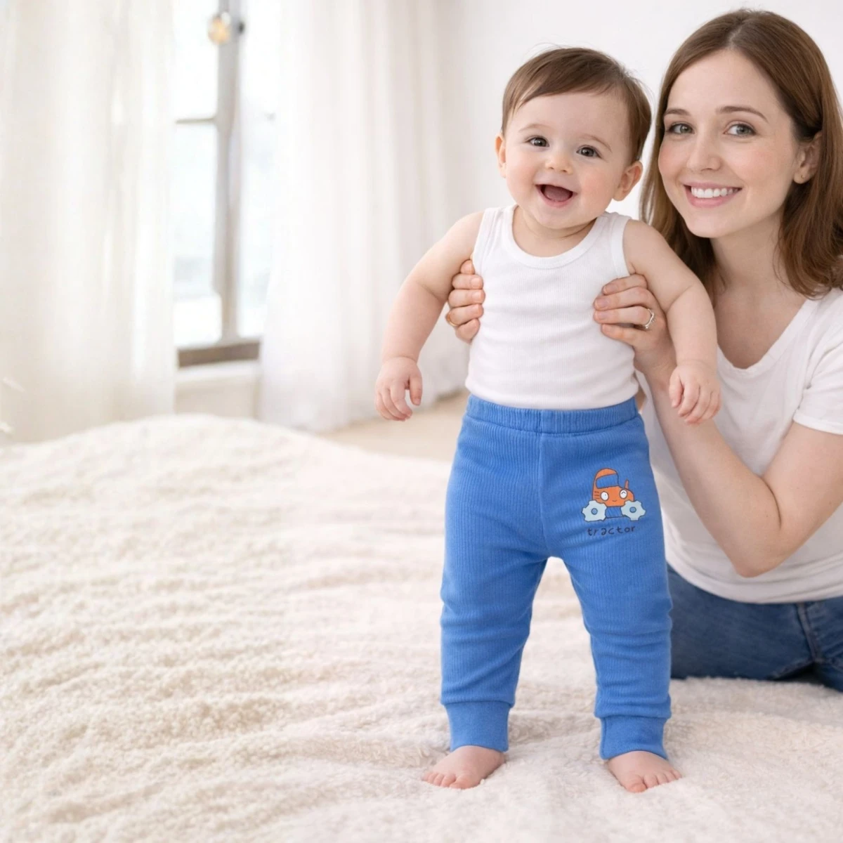 Ekskavatör Figürlü Mavi %95 Pamuk %5 Likra Tek Alt Bebek Pantolonu