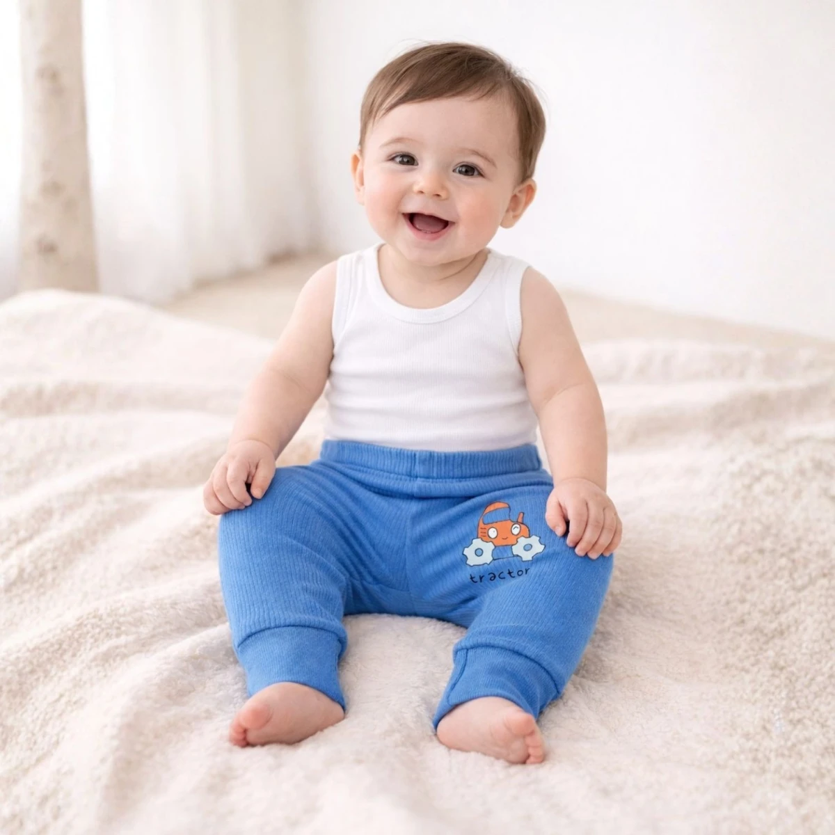 Ekskavatör Figürlü Mavi %95 Pamuk %5 Likra Tek Alt Bebek Pantolonu