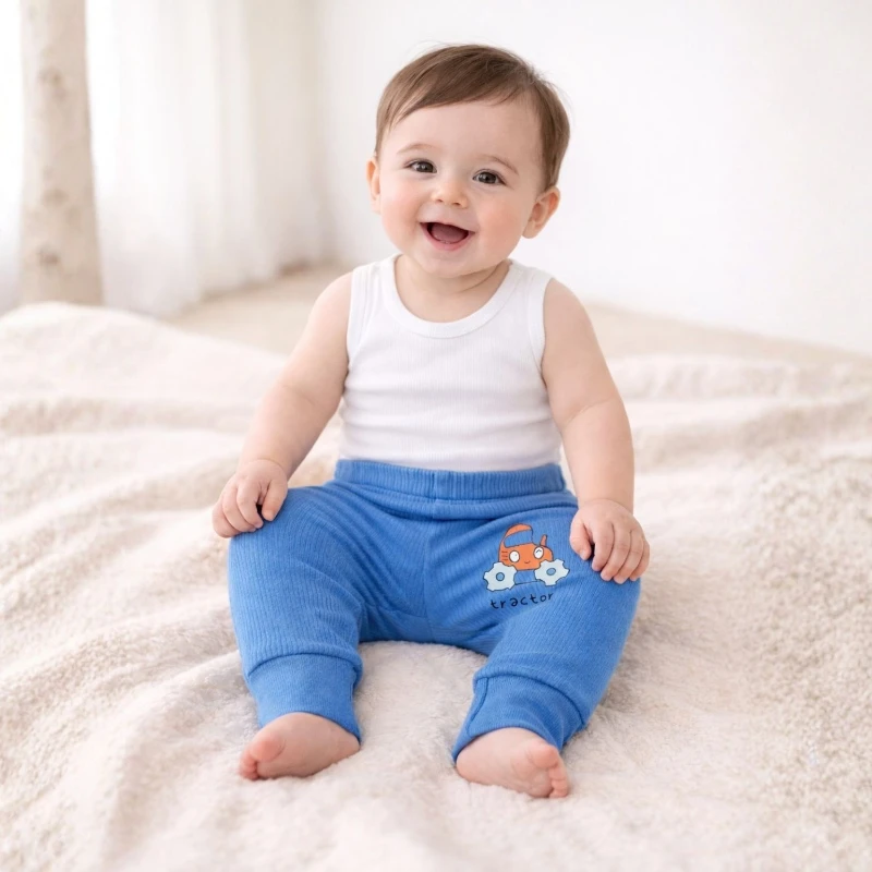 Ekskavatör Figürlü Mavi %95 Pamuk %5 Likra Tek Alt Bebek Pantolonu