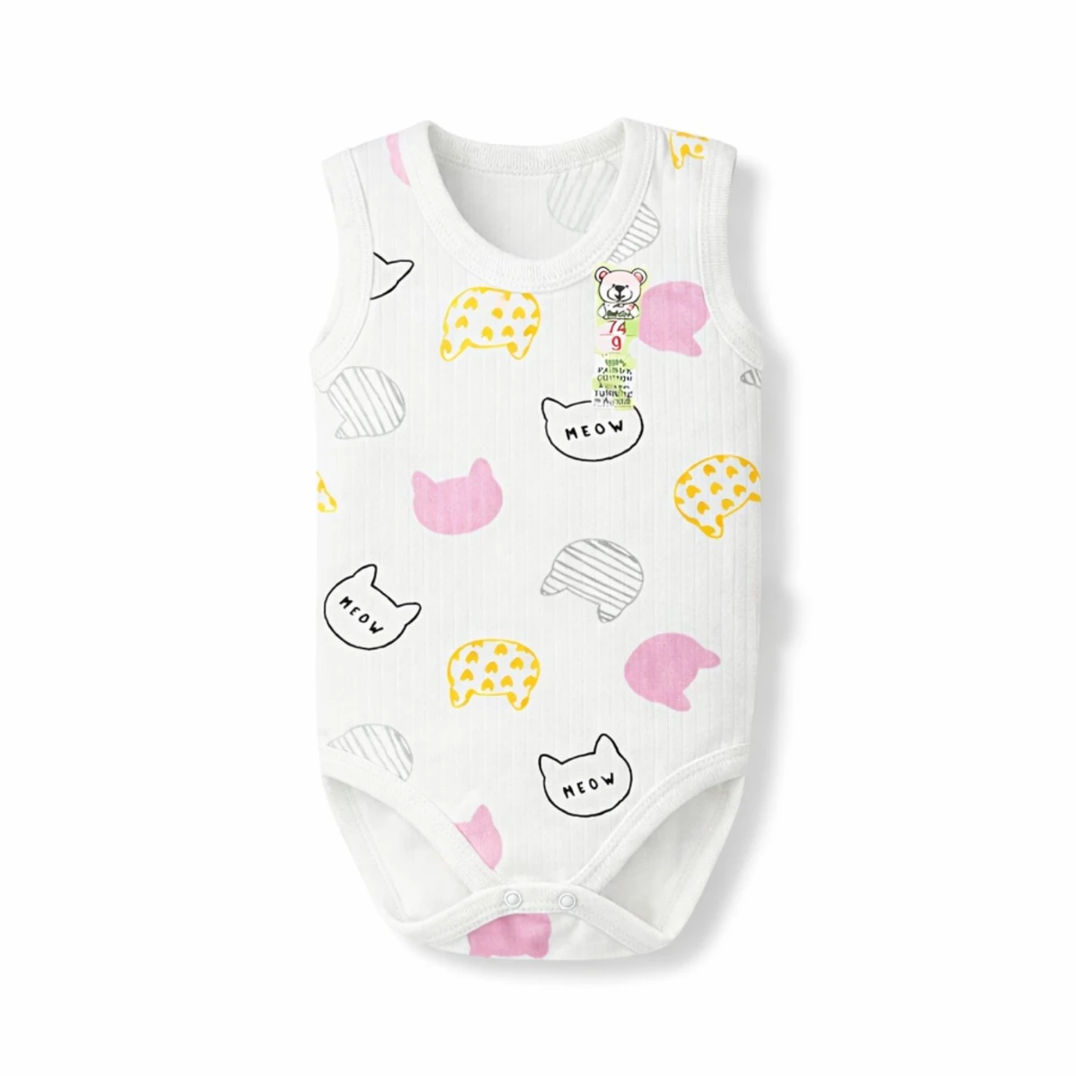 Kedi Baskılı %100 Pamuk İnterlok Kız Bebek Kolsuz Badi