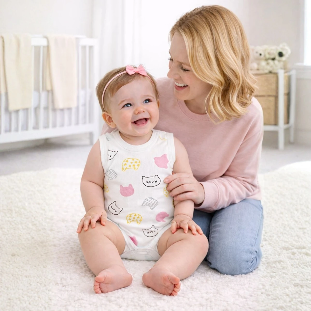 Kedi Baskılı %100 Pamuk İnterlok Kız Bebek Kolsuz Badi