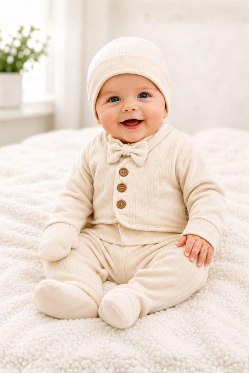 Papyonlu %100 Pamuk Erkek Bebek Hastane Çıkışı 5’li Set Bej - KREM 
