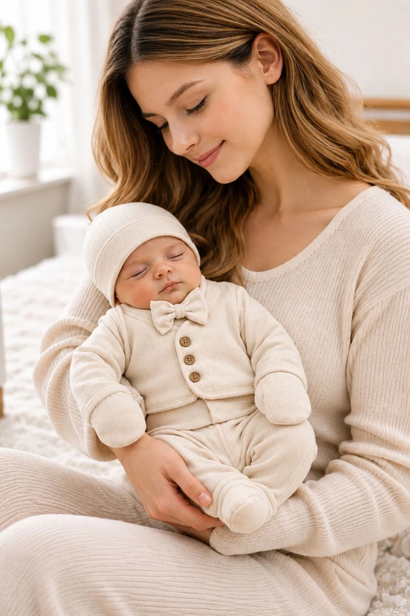 Papyonlu %100 Pamuk Erkek Bebek Hastane Çıkışı 5’li Set Bej - KREM 