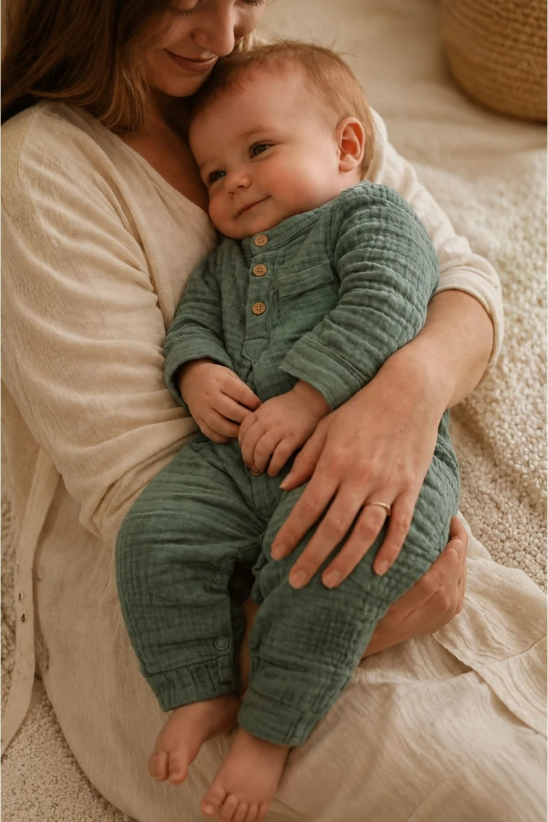 Müslin Pamuklu Unisex Bebek Tulumu - Haki - YEŞİL