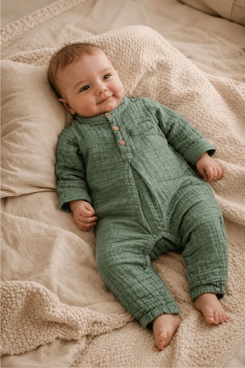 Müslin Pamuklu Unisex Bebek Tulumu - Haki - YEŞİL